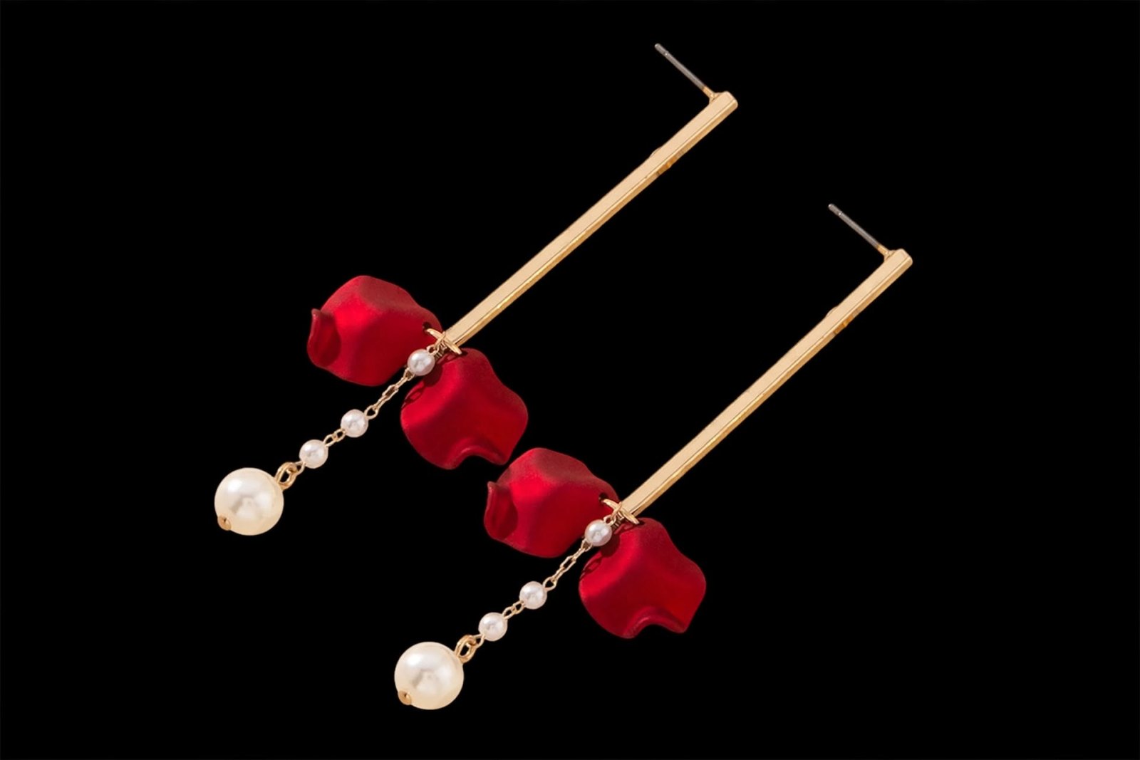 Red Petal Pearl Drop Earrings